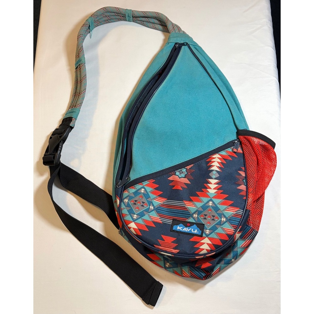 KAVU Rope Bag Teal Southwestern Geometric Print Canvas Sling Backpack Crossbody